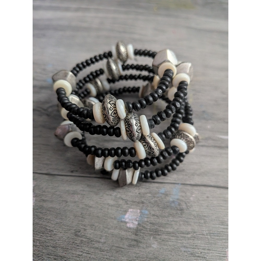 Boho Multi Strand Coil Wrap Bracelet Black Wood White Shell Silver Tone Beads